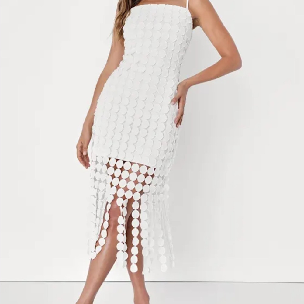 Lulus Fun Fascination White 3D Dot Sleeveless Fringe Midi Dress